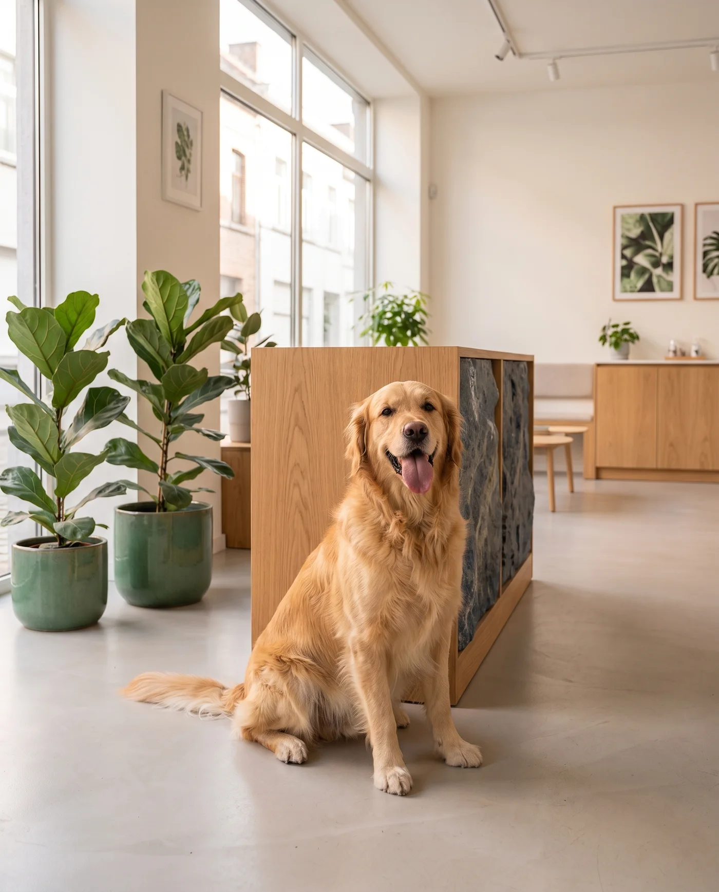 Golden retriever heureux au comptoir d'accueil VetCare