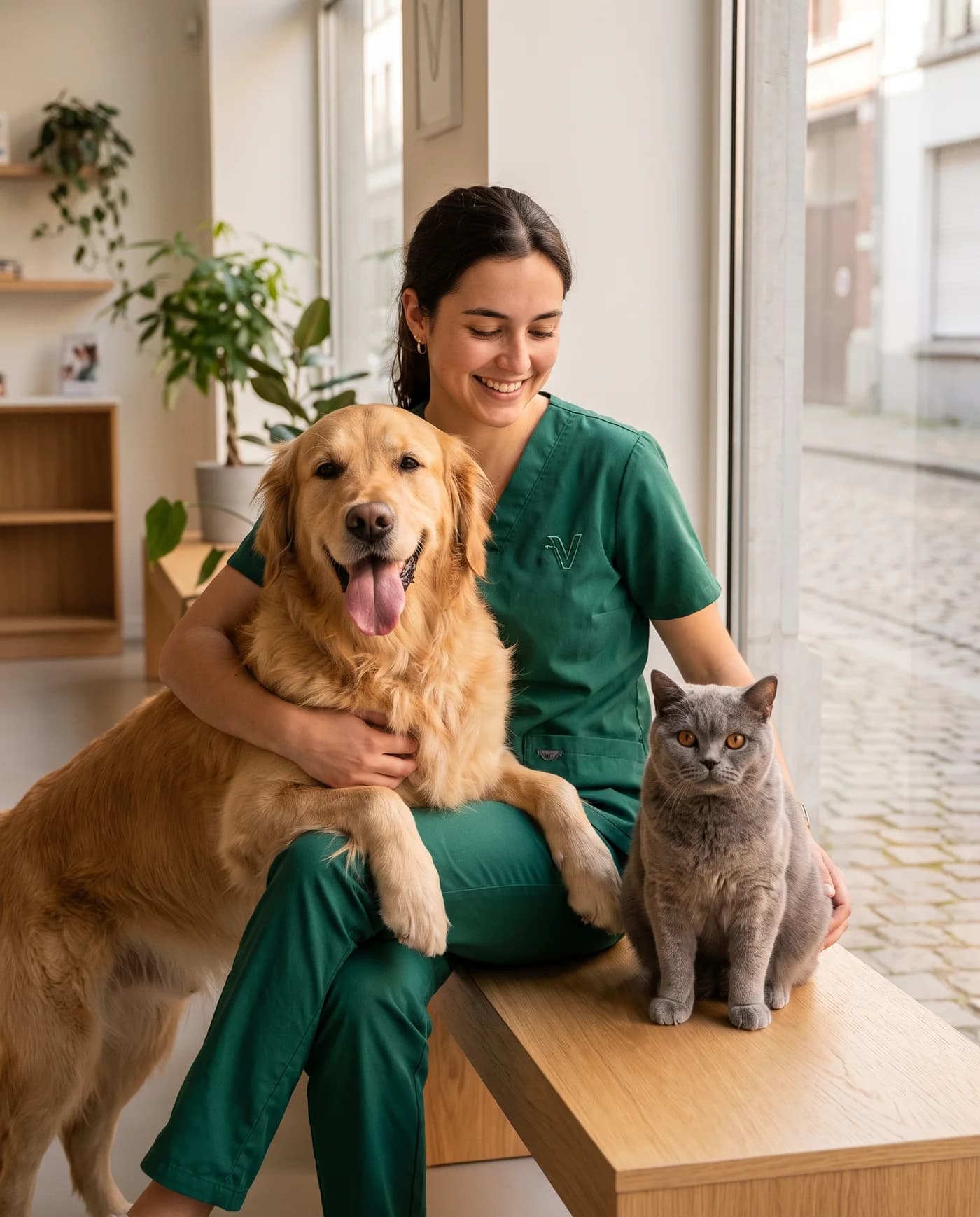 Vétérinaire VetCare souriante avec un golden retriever et un chat british shorthair